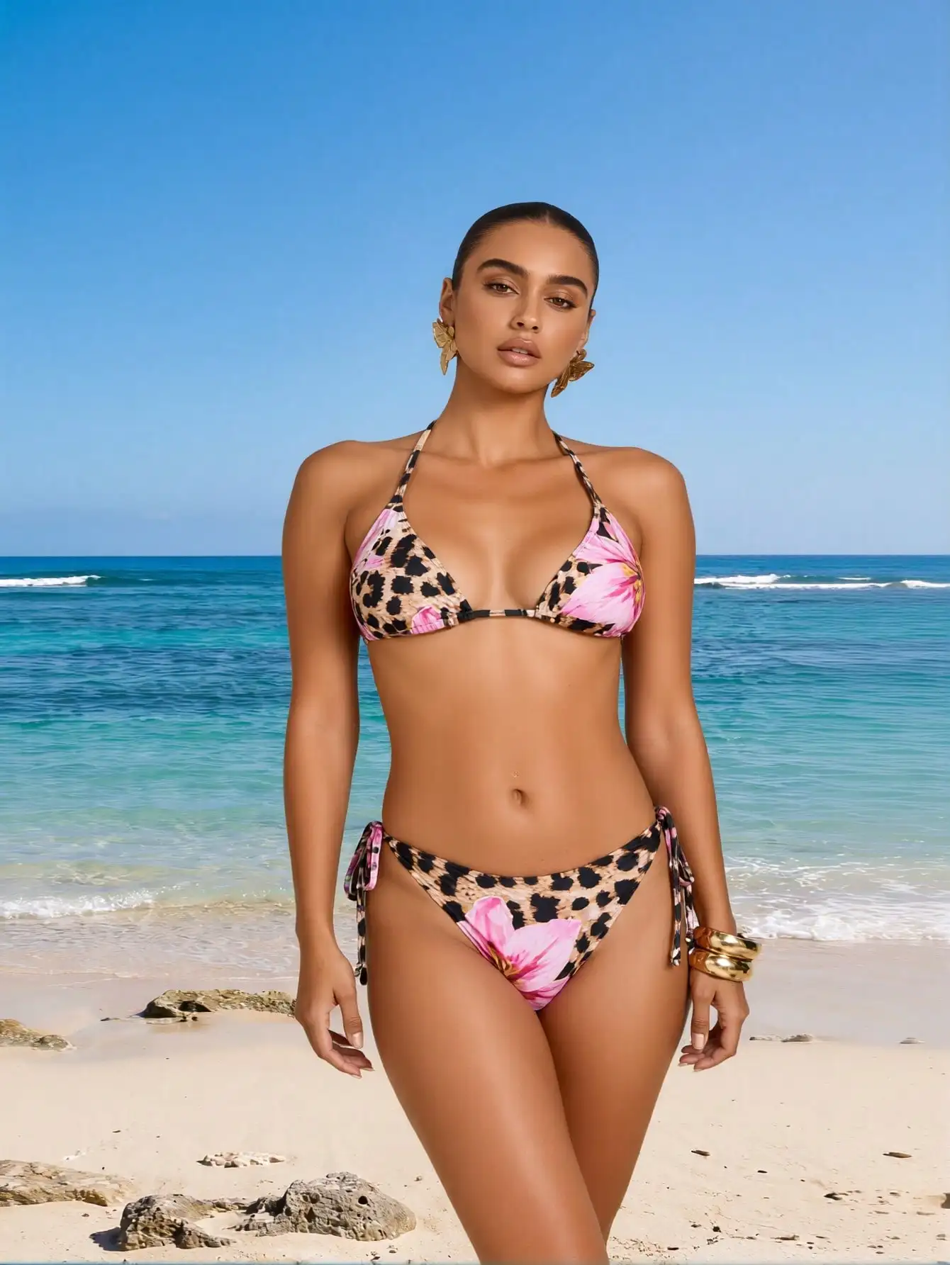 2026 New Tropical Print Bikini Set Women's Leopard & Floral Triangle Two-Piece Swimsuit for Beach Vacation, Sexy & Flattering