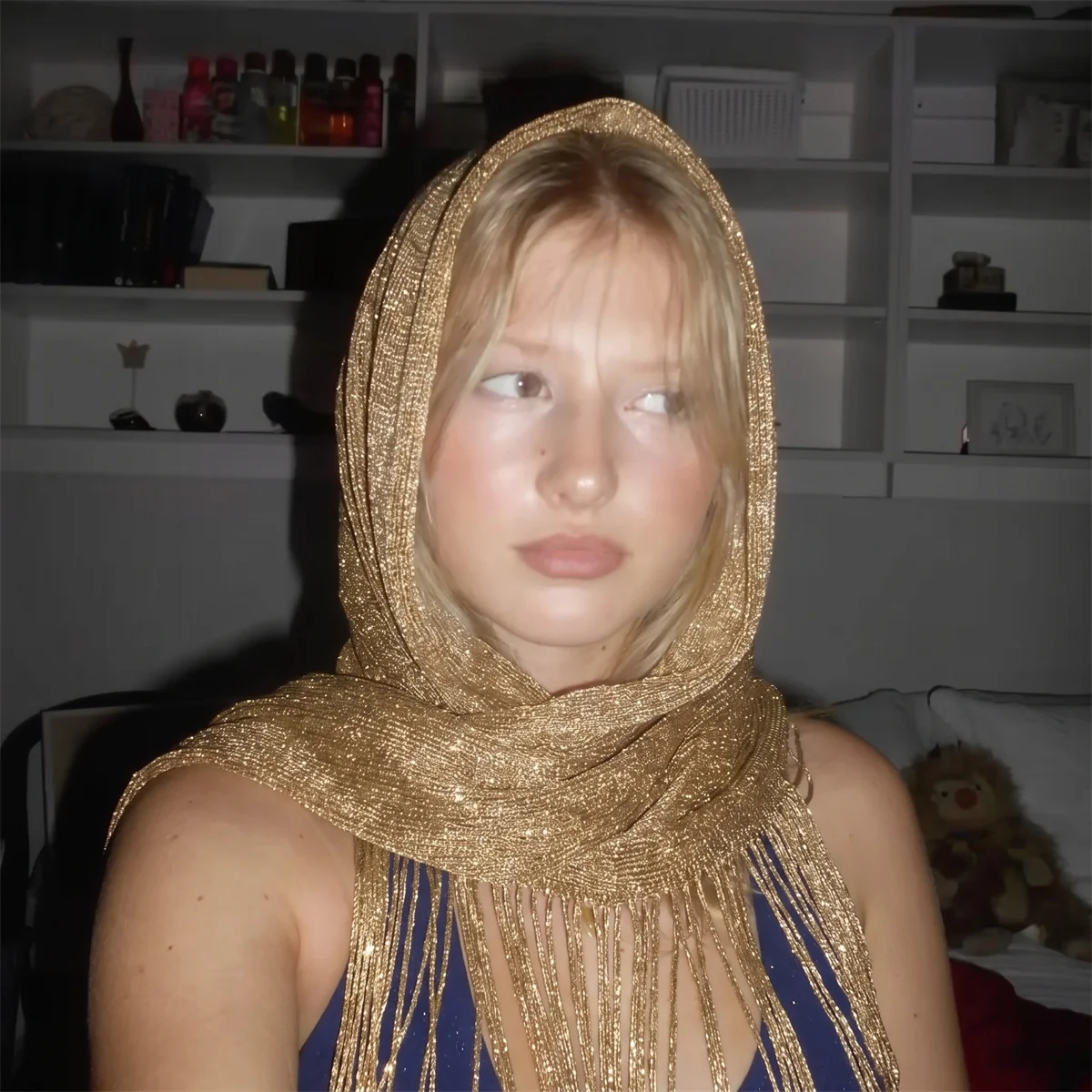 Y2K Sparkly Thread Solid Tassel Scarf Slim Neck Wrap Shiny Mesh Headband Shawl For Lady Rave Festival Street Night Out Outfit view 5