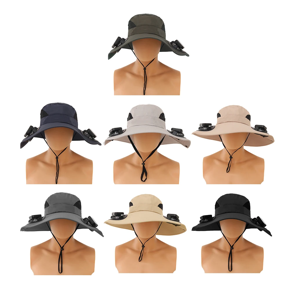 قبعة مروحة تعمل بالطاقة الشمسية قبعة صيد خارجية مع 2 مروحة شمسية قبعة بحافة واسعة قبعة مضادة لحروق الشمس للتخييم في الهواء الطلق والصيد والتنزه والتسلق