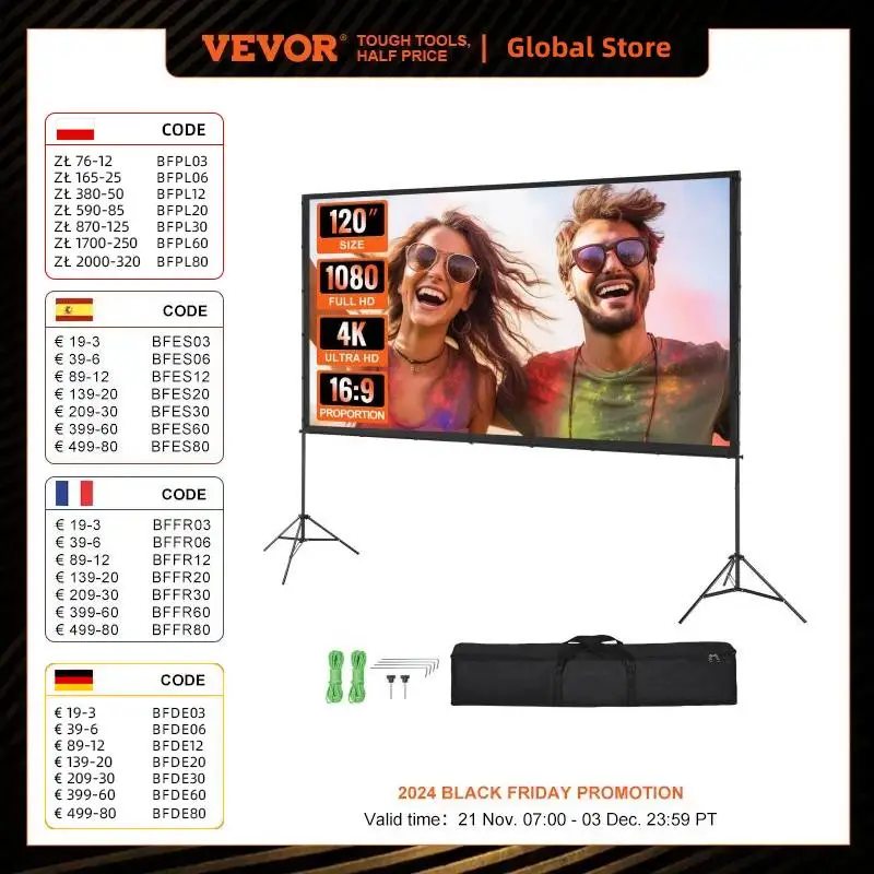 VEVOR Projector Screen with Stand, 120 inch 16:9 4K 1080 HD Outdoor Movie Screen with Stand, Wrinkle-Free Projection Screen