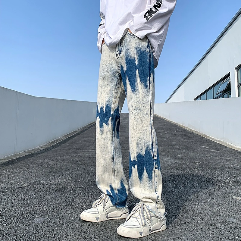 

2023 New Men's Fashion High Street Dark Minority Raw Edge Tie-dyed Small Leg Jeans Casual Comfortable Straight Leg Pants M-5XL