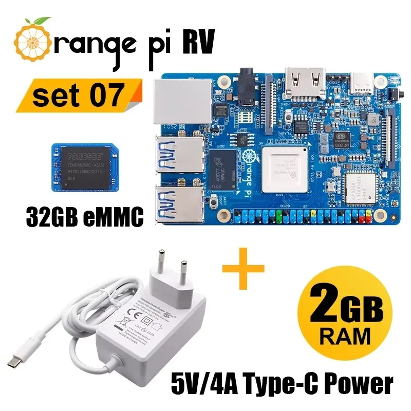 VoFSOrange Pi RV 2GB LPDRR4+5V4A Type-C Power Supply+32GB EMMC Module Single Board Computer 3pcs Sets, Starfive JH-7110 RISC-V