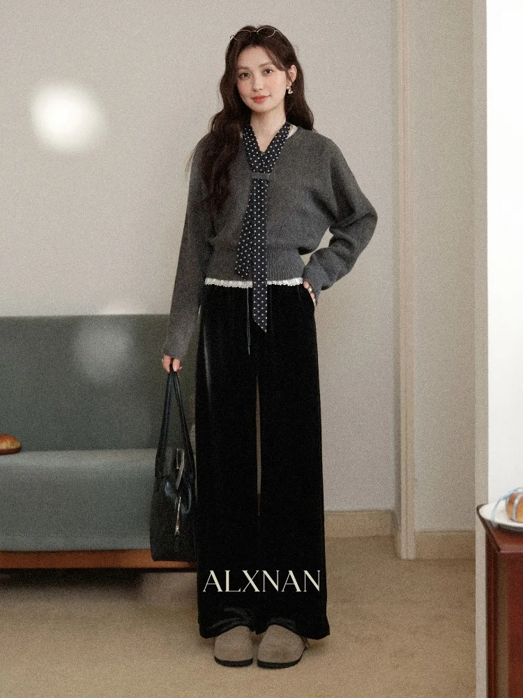 ALXNAN Women Wide Leg Pants Black Casual Straight High Waist Loose Fit Pants Autumn Winter Long Baggy Trousers Ladies L59938