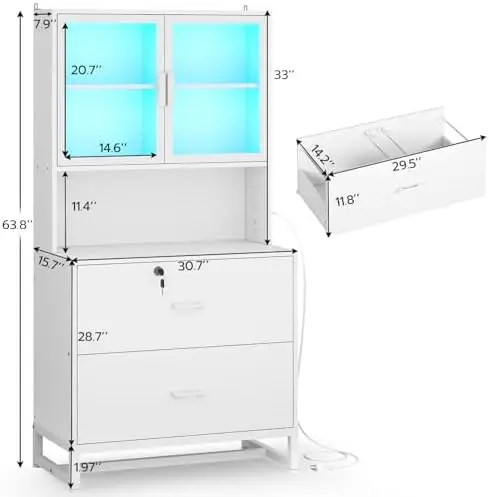 2 Drawer File Cabinet with Lock, Charging Station and Bookshelf, Filing Cabinet Fits Letter, Legal, A4 Size, Wood File