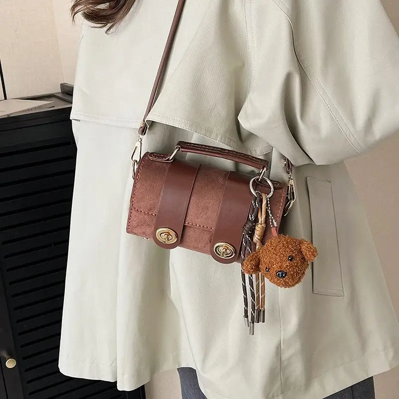 DIY Knitted Bag  Beginner-made brown small square bag  Cartoon bear pendant hand-held pillow underarm bag  Casual womens bag view 3