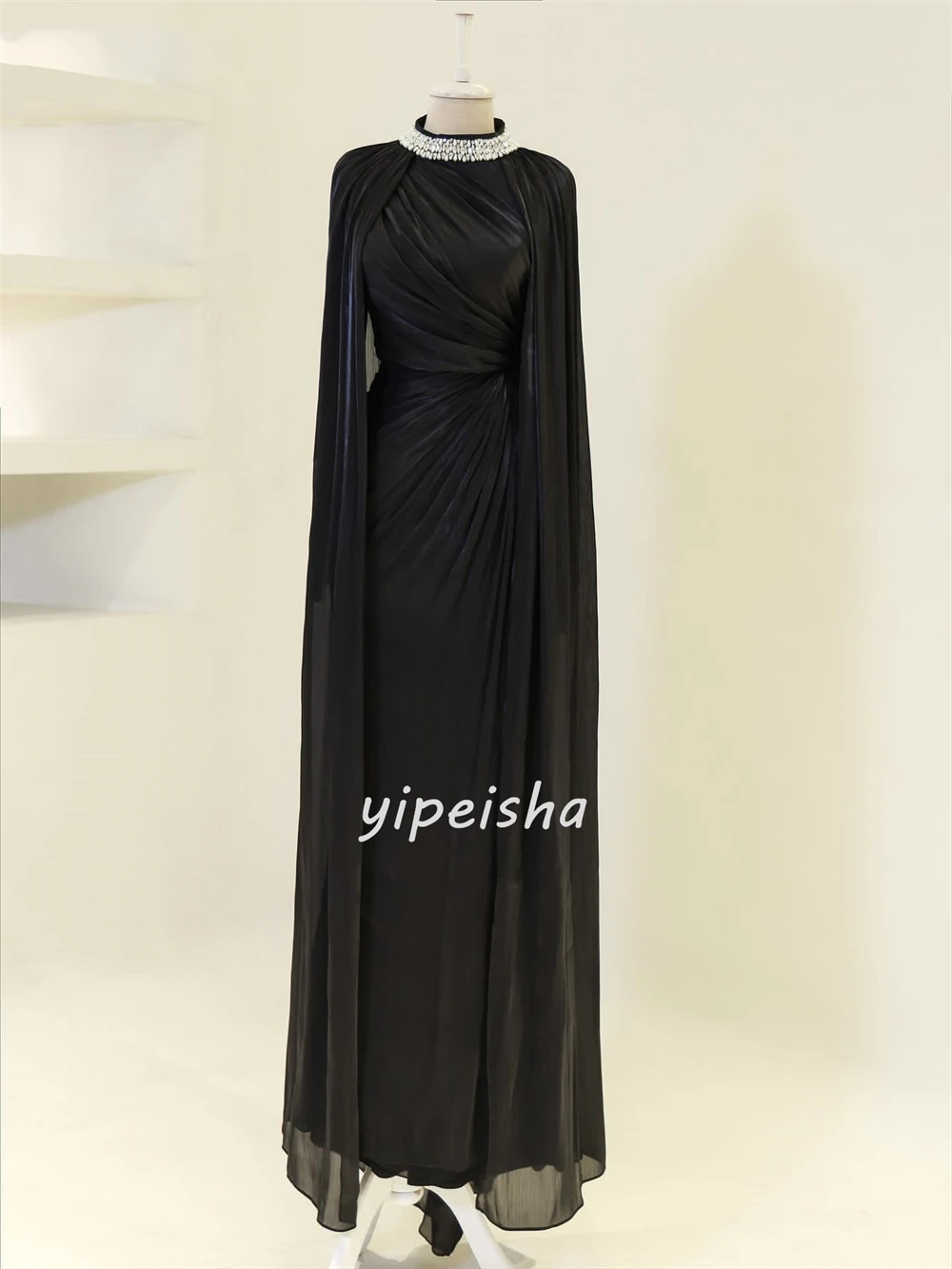 ชุดเดรสยาวคอสูงทรงตรงผ้าชีฟองประดับคริสตัลจีบสไตล์โมเดิร์นสั่งตัดได้สำหรับโอกาสพิเศษแฟชั่น