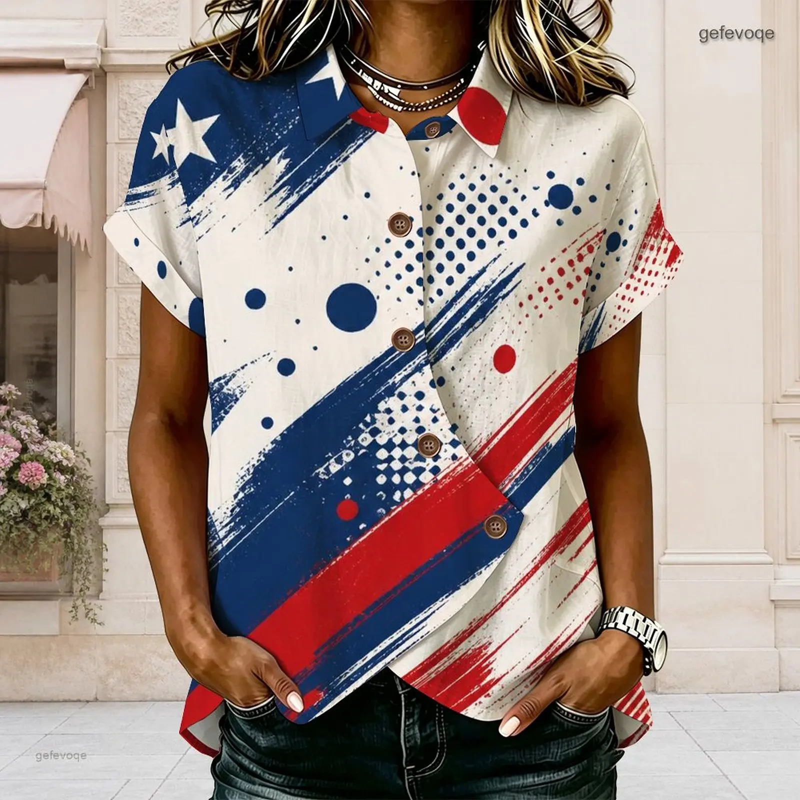 Women Red White Blue Star Polka Dot Brush Stroke Printed Collared Short Sleeve Button Shirt