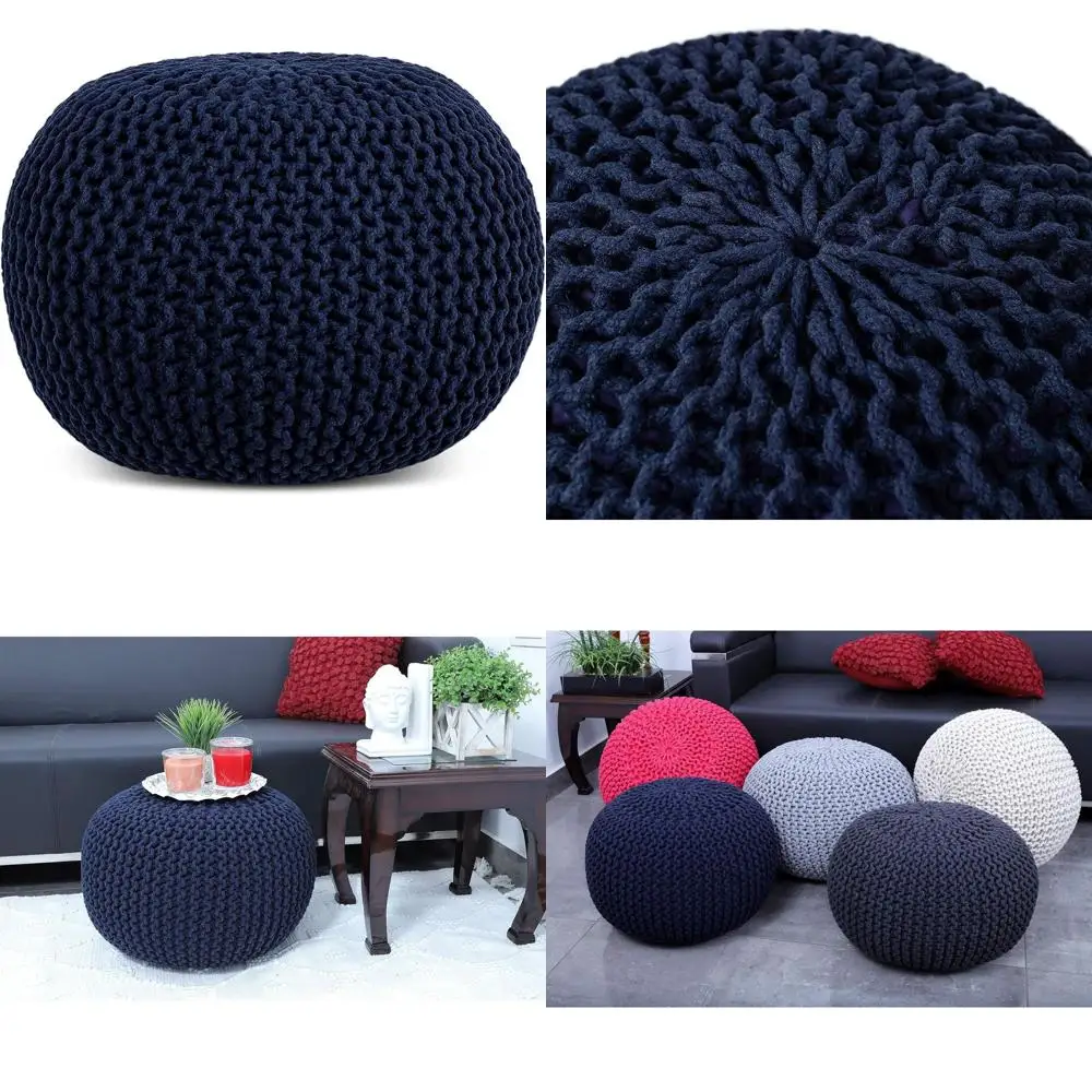

100% Cotton Hand-Knitted Pouf Ottoman - 20 Diameter x 14 Height - Navy Bean Bag Floor Chair for Living Room & Bedroom