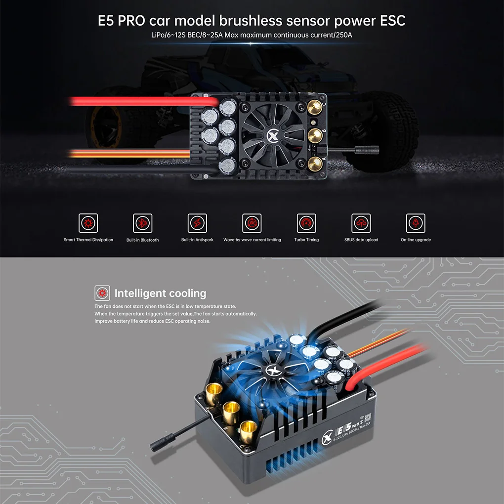 

6-12S 250A Brushless ESC XC E5PRO ESC Lipo Sensored ESC for 1/5 RC Car Buggy Truck Monster Racing Car Accessories