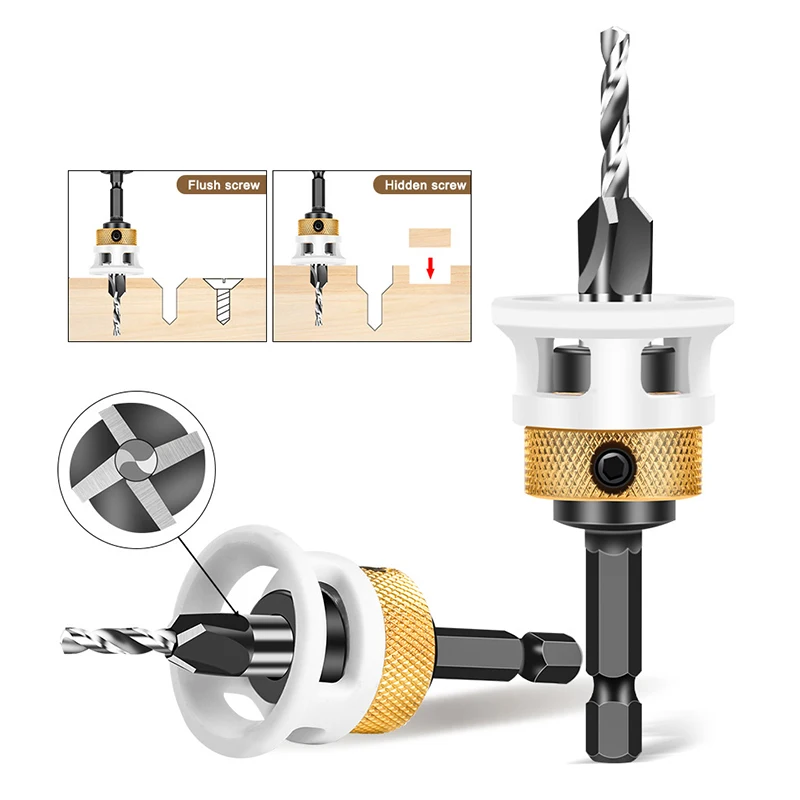 

1Pc Alloy Head Countersink Drill Bit Woodworking Four Edge Limit; Step Drill Adjustable Depth for Screw Hiding, Cone-Hole Drill