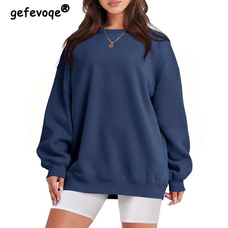 

Autumn and Winter Women's Casual Streetwear Oversized Sweatshirts Female Trendy Round Neck Long Sleeve Solid Pullover Tunic Tops