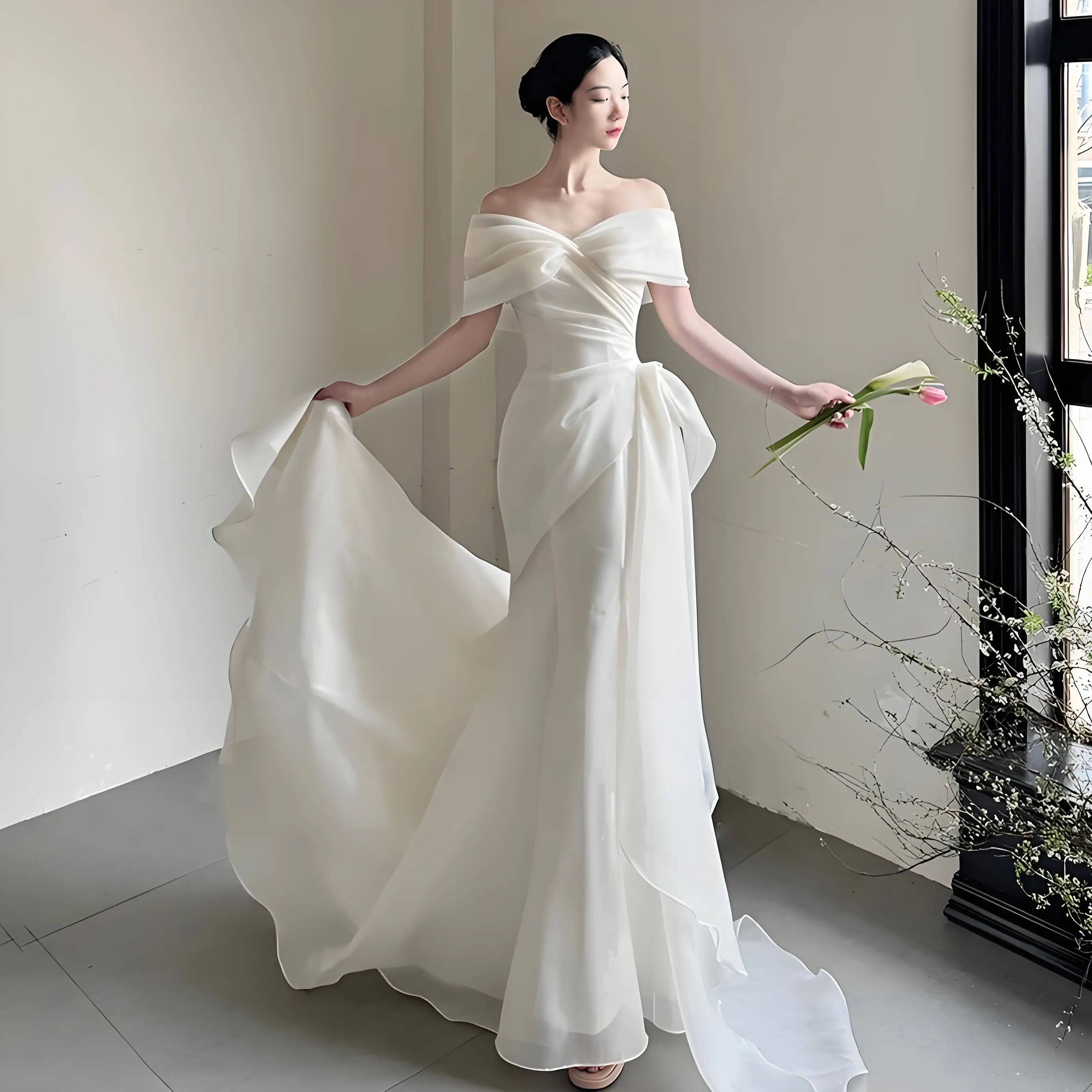 Beshinel مخصص قبالة الكتف فساتين زفاف خفيفة فاخرة 2025 حورية البحر زي العرائس ذيل الغزل فستان أبيض Vestidos