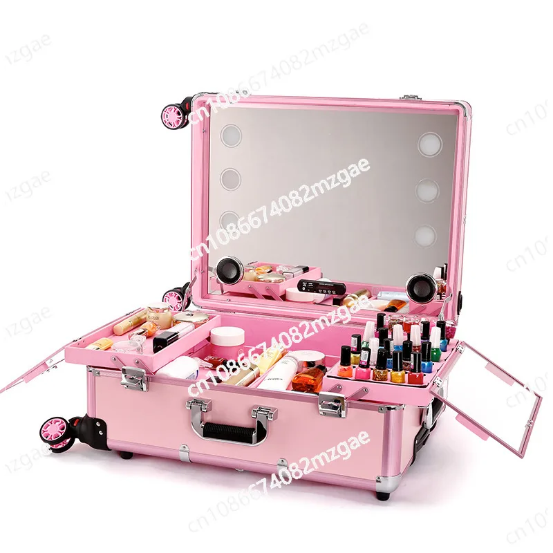 Make-Up Case, Cosmetic Train Table with 4 Rolling Wheels & Lights & Mirror, Pro Make-Up Station, Cover Panel and Easy-to-Clean E