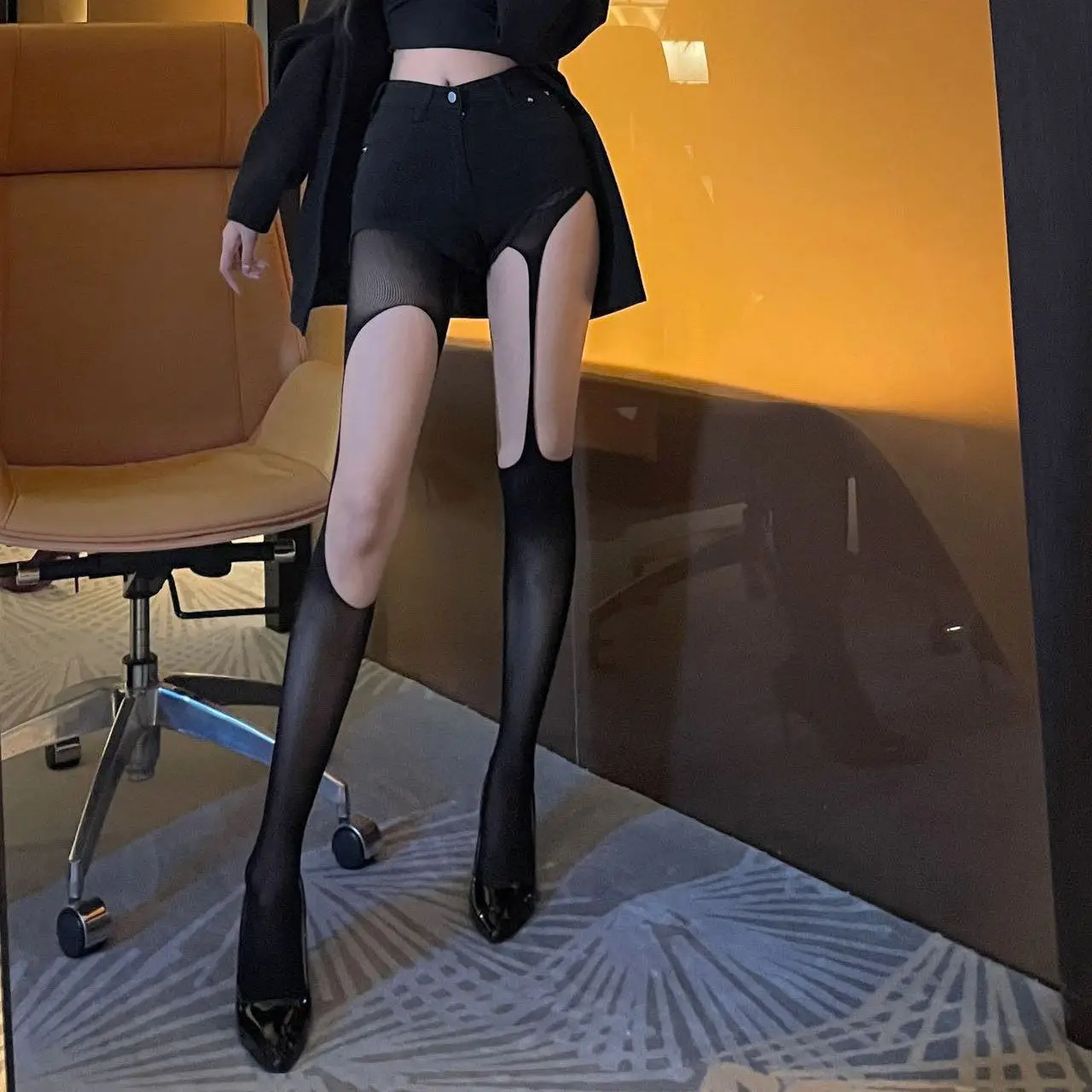 Sexy Y2K Millennium Hot Girl Black Silk Asymmetric Hole Hollow out Women's Pantyhose Seamless Summer Thin Leg Shaping Stockings