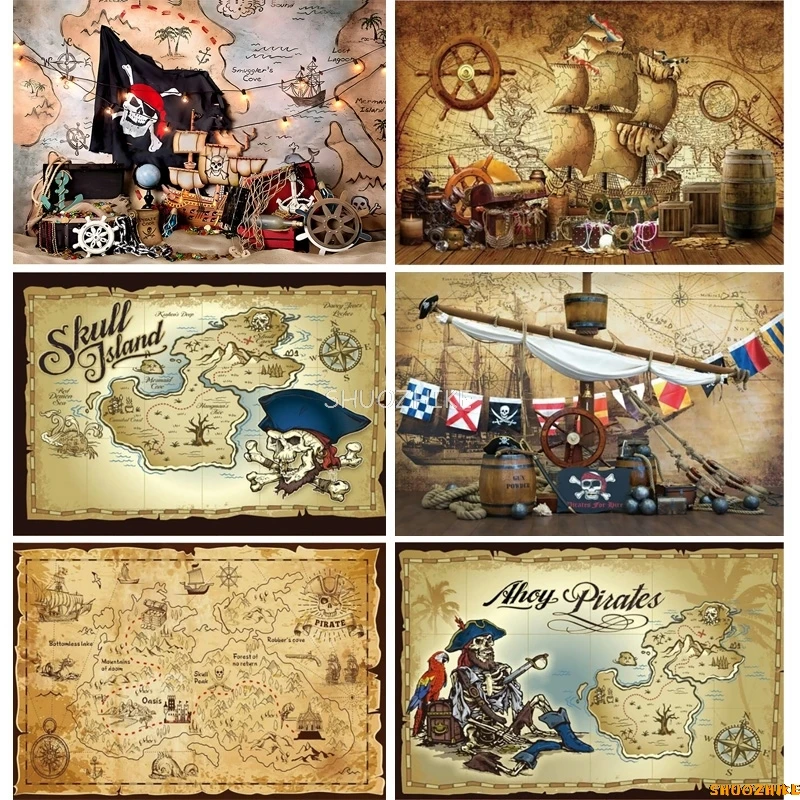 

Retro Pirate Treasure Map Backdrop for Photography Nautical Island Background Birthday Party Newborn Boys Portrait Photo Props