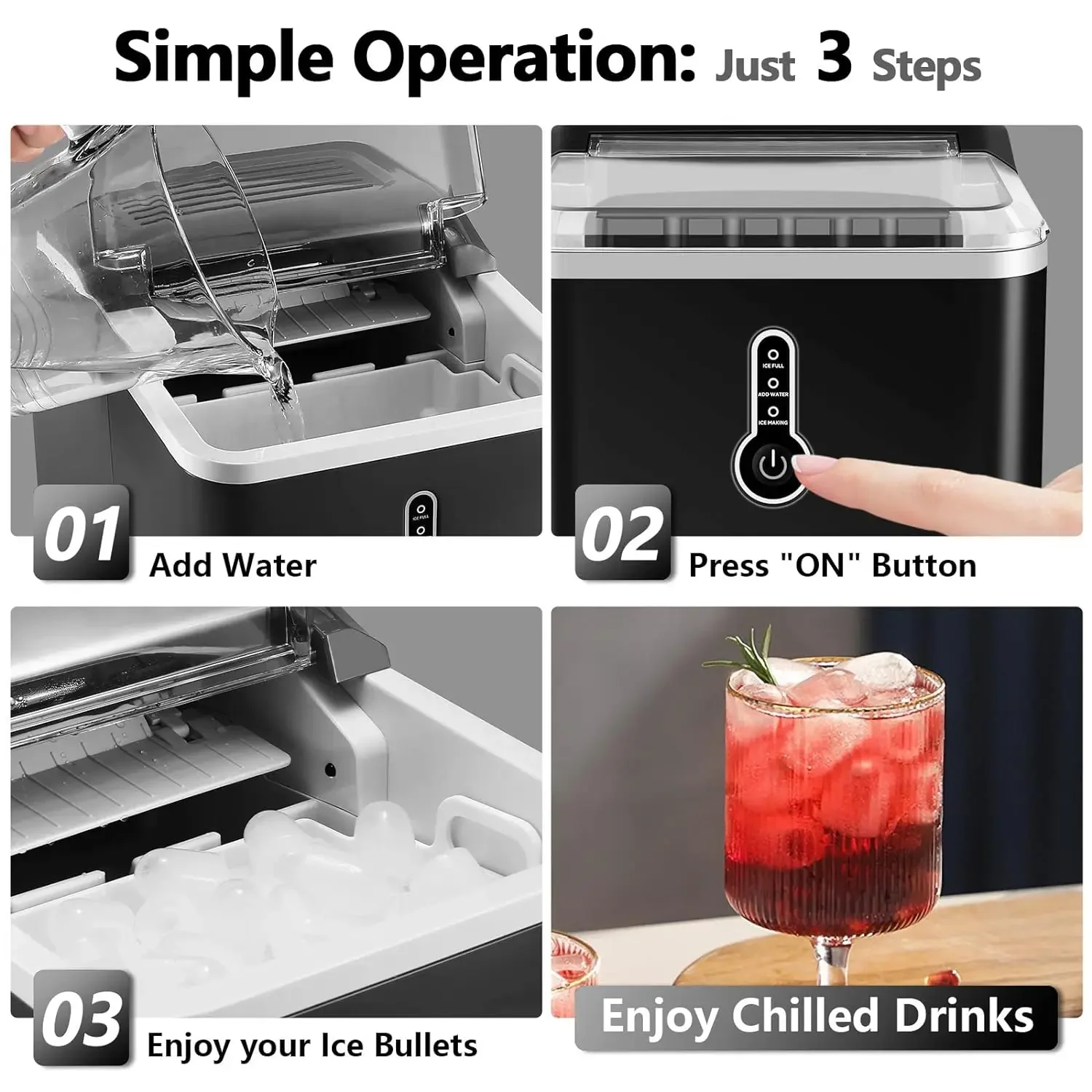 Compact Countertop Ice Maker, 9 cubos grossos, pronto em 6 minutos a 9 minutos, produz 26,5 libras, em 24Hrs, inclui colher de gelo e cesta