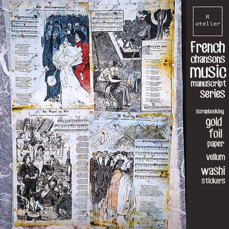 Sticker Scrapbooking French Chansons Music Stickers Vintage Journal Materials  A6 Journaling Supplies Washi Sheets