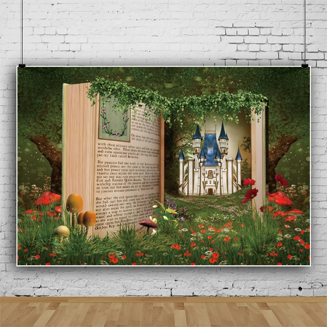 Laeacco Fairy Tale Book Photo Backdrop Enchanted Forest Flower Castle Girls Birthday Baby Shower Portrait Photography Background