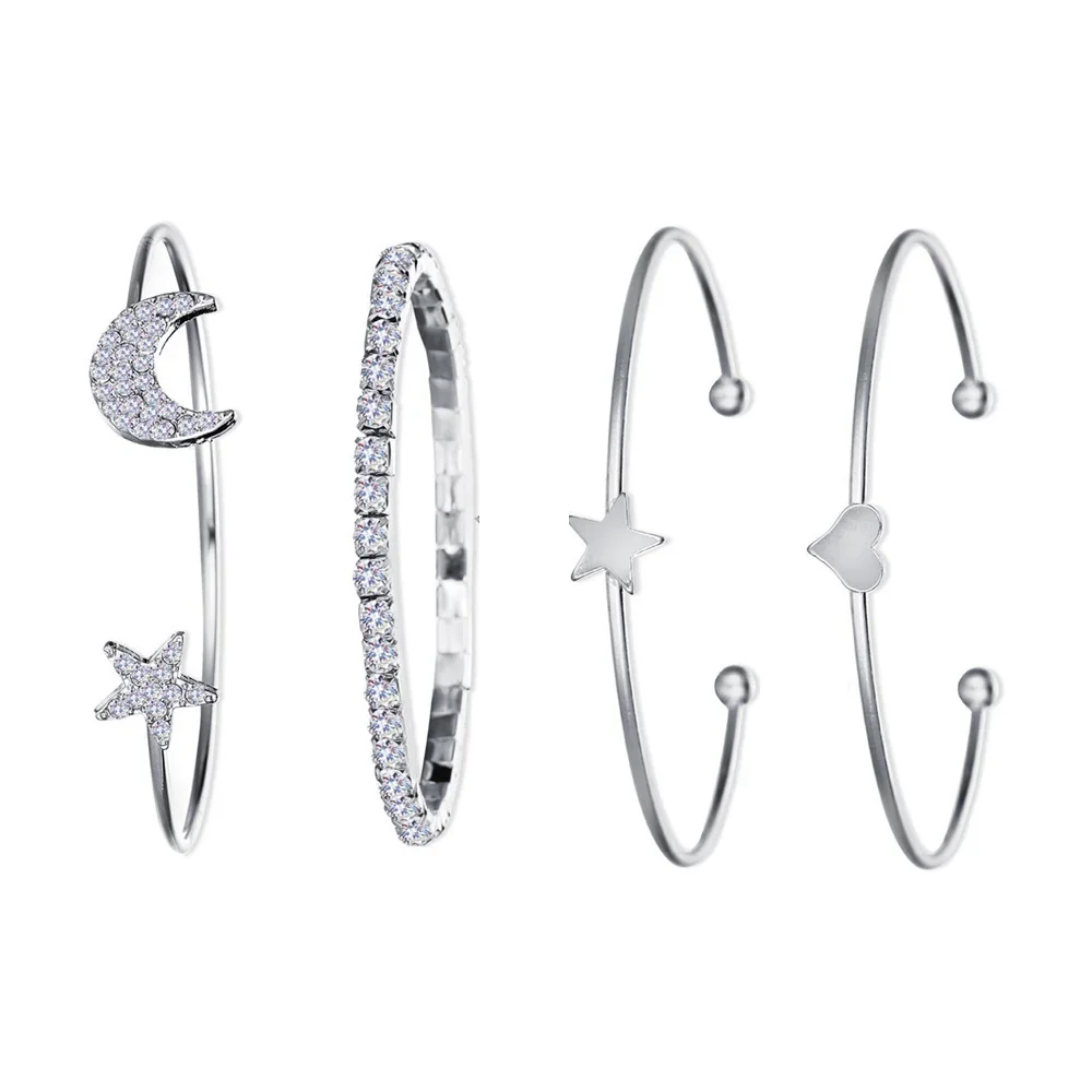 الفاخرة موضة القمر ستار القلب حلية مخلب سلسلة مفتوحة قابل للتعديل توسيع الكفة سلك الإسورة سوار للنساء هدية 4 قطعة مجموعة #4