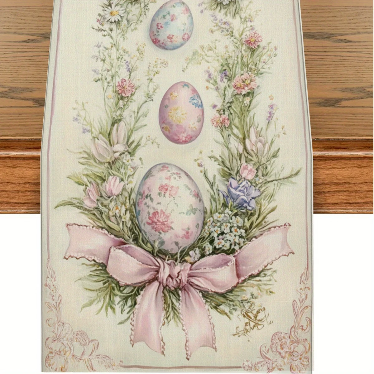 1 Stück Oster-Tischläufer - Leinen 2D-Druck mit Ei- und Blumenkranz-Design mit Schleife, Ideal für Küche, Esszimmer-Dekoration & Feste
