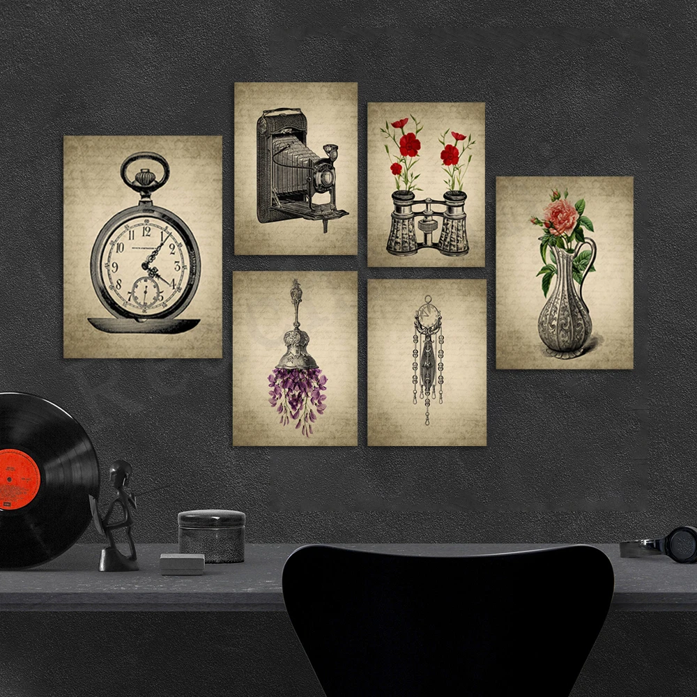 

Vintage clock, pocket watch, photo camera, roses in binoculars, vase, antique chandelier, bell print wall decor vintage poster