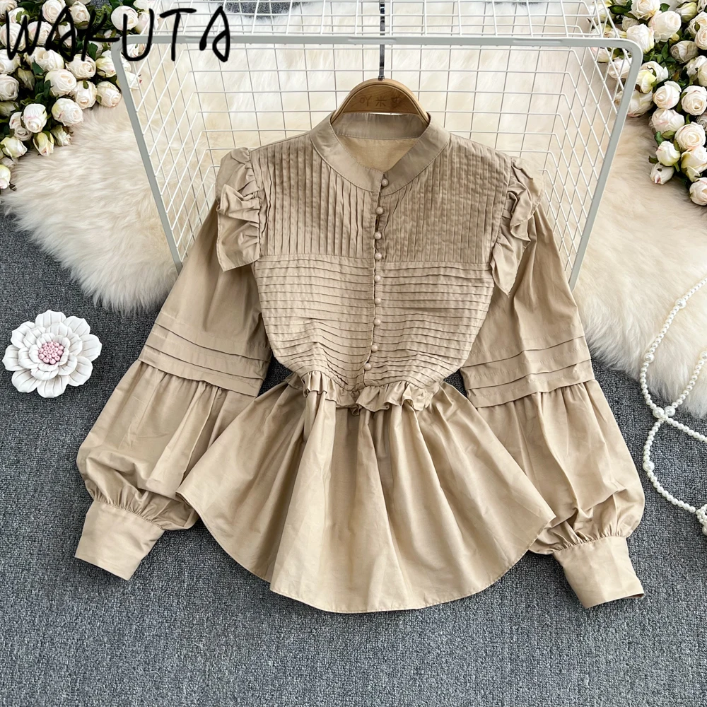 WAKUTA Slim Waist Vintage Women Shirts Ruffles Long Sleeve Stand Neck Female Solid Blouses Korean Style Simple Casual Clothing