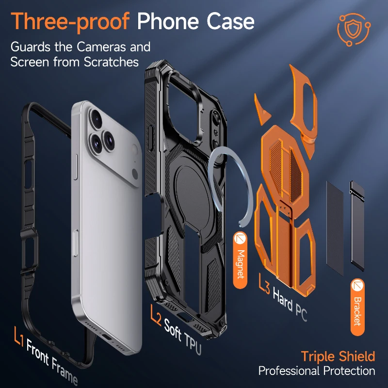 For Magsafe Wireless Charging Magnetic Car Bracket Armored Phone Case For iPhone 17 Pro Max 15 13 12 14 16 Pro Max Bmper Cover view 4
