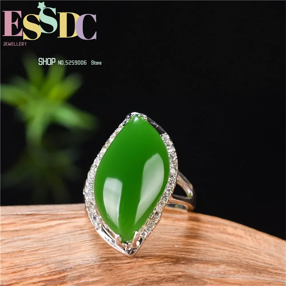 Natural Green Hetian Jade 925 Silver Ring Chinese Jadeite Amulet Fashion Charm Jewelry Hand Carved Crafts Gifts for Women Men