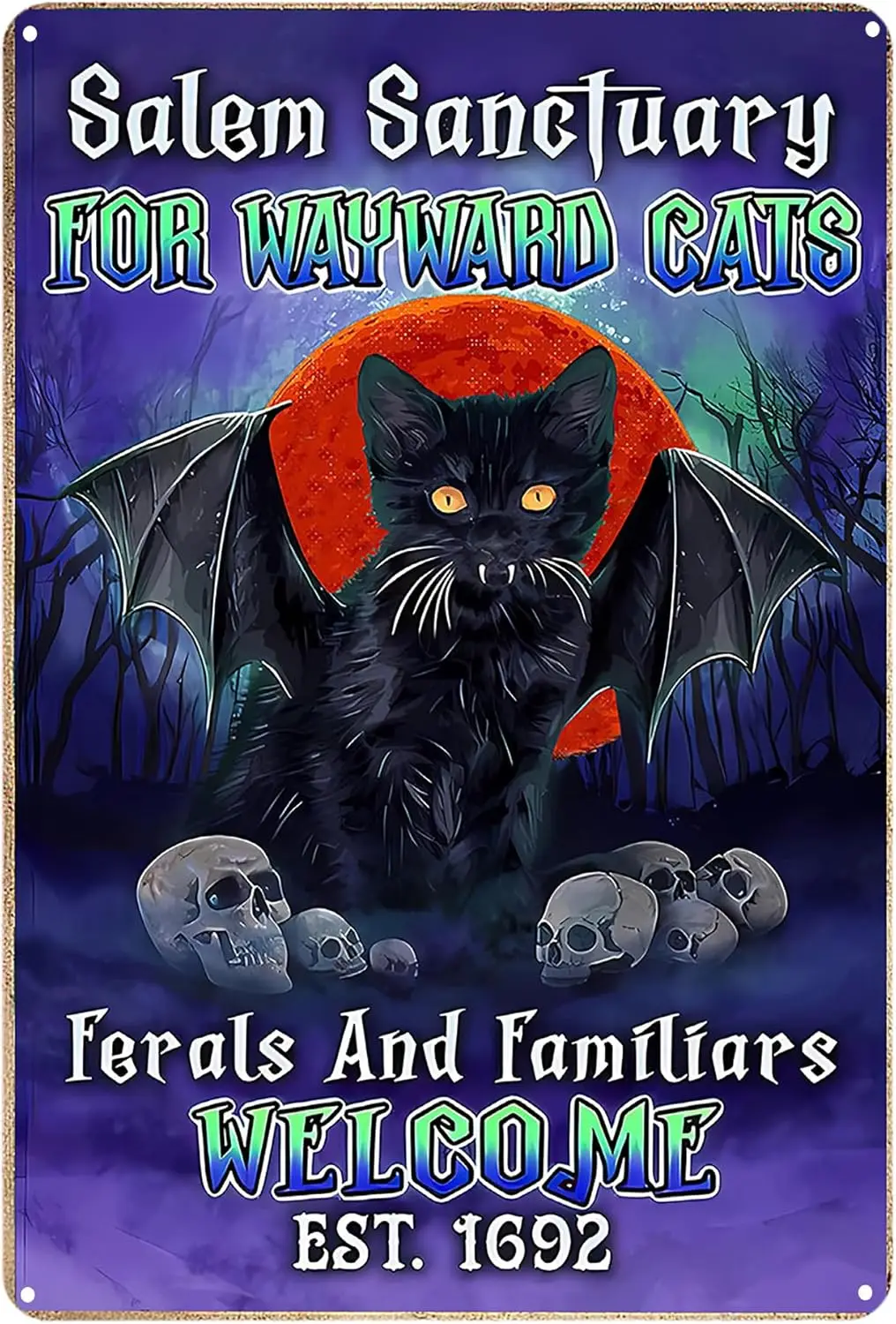 Funny Black Demon Cats Vintage Tin Sign Metal Poster, Salem Sanctuary for Wayward Cats Retro Tin Sign for Bar Home Coffee Hallow