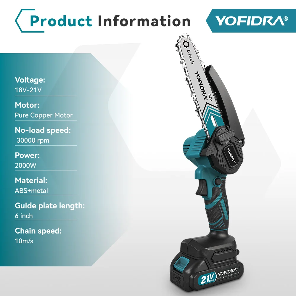 YOFIDRA 6 Zoll Elektrische Kettensäge Kabellos mit Ölsystem für Gartenholzschneiden, Holzfällen und Beschneiden, Elektrowerkzeug für Makita 21V Akku – Detail 3