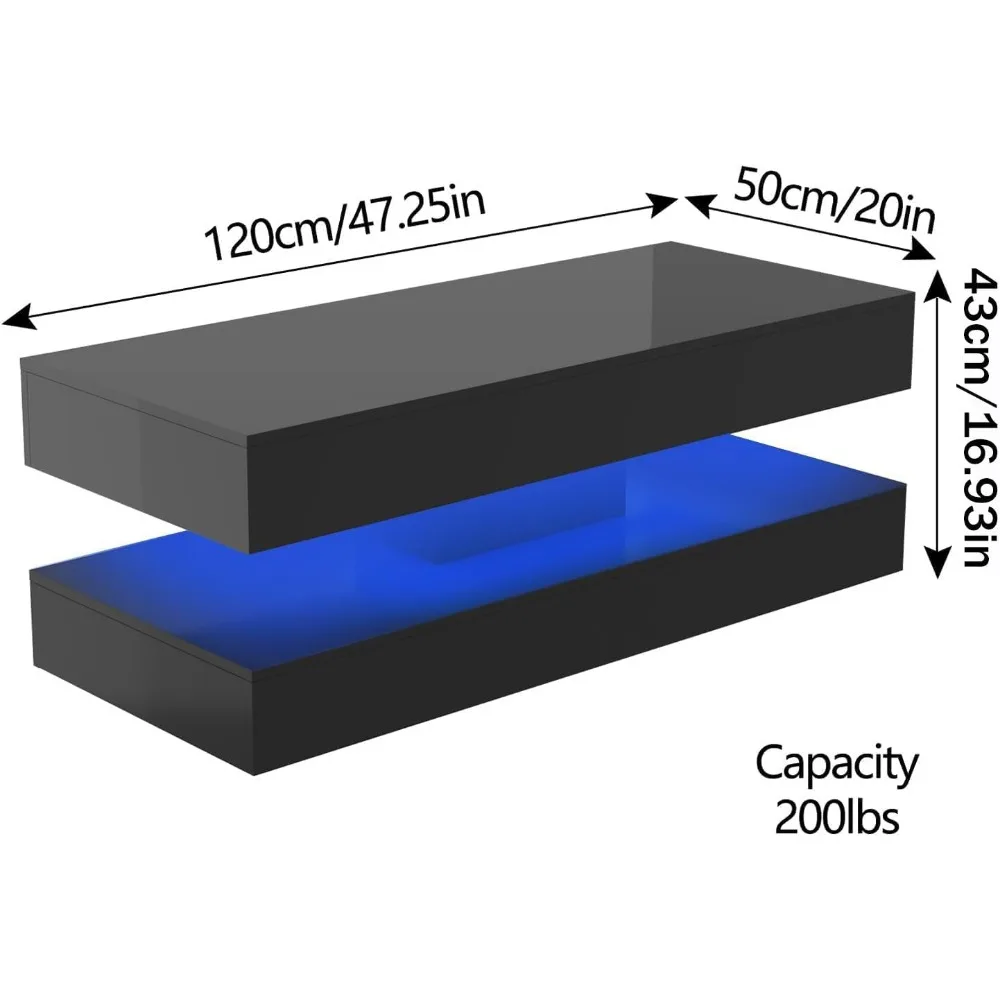 طاولة قهوة LED عالية اللمعان مقاس 47.3 بوصة مع درجين للتخزين، وطاولة قهوة حديثة باللونين الأبيض والأسود في غرفة المعيشة وغرفة المعيشة #2