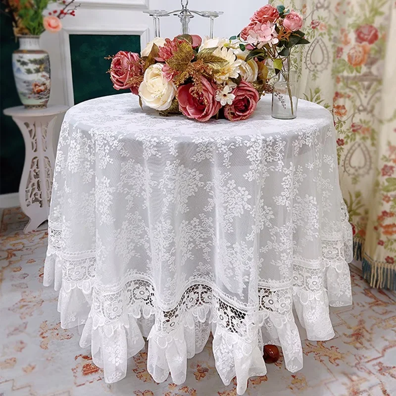 

Round White Lace Table Cloth Yarn Dining Table Cover Romantic French Embroidered Tablecloth Tea Table Juppe Wedding Decoration