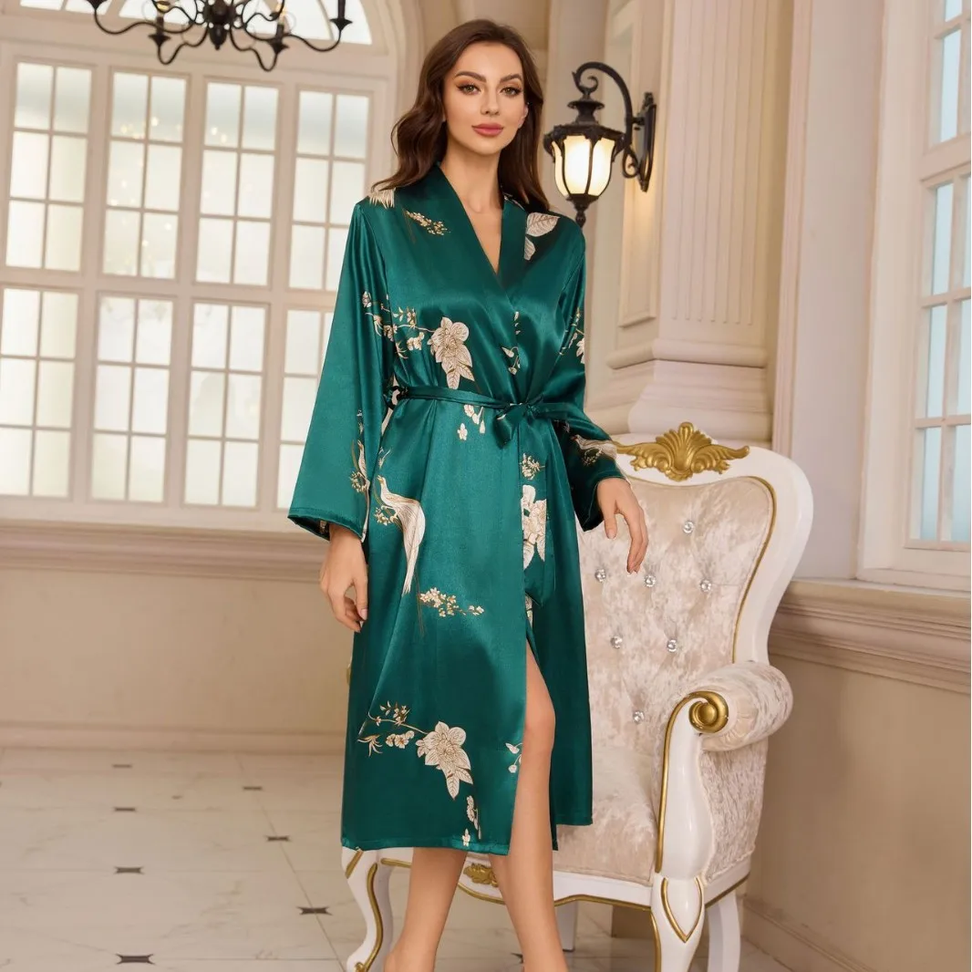

Silk Satin Long Robe Loungewear Women Soft Luxurious Spring Summer New Female Sleepwear Home Clothing