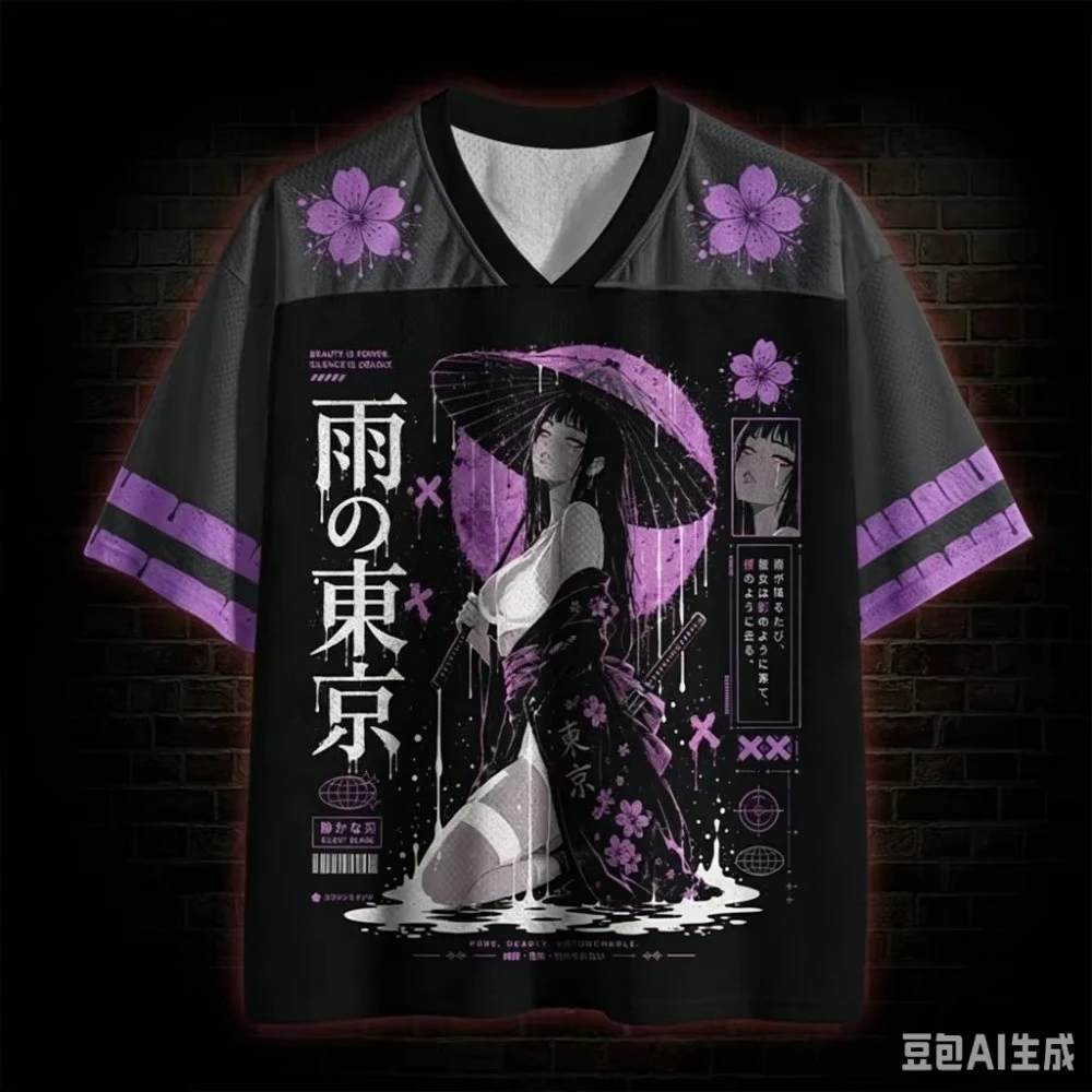Japanese Girl Rainy Tokyo 3D Print Football Jersey T-shirt  Unisex V-neck Short Sleeve Sakura Kanji  Art Loose Casual Street Tee