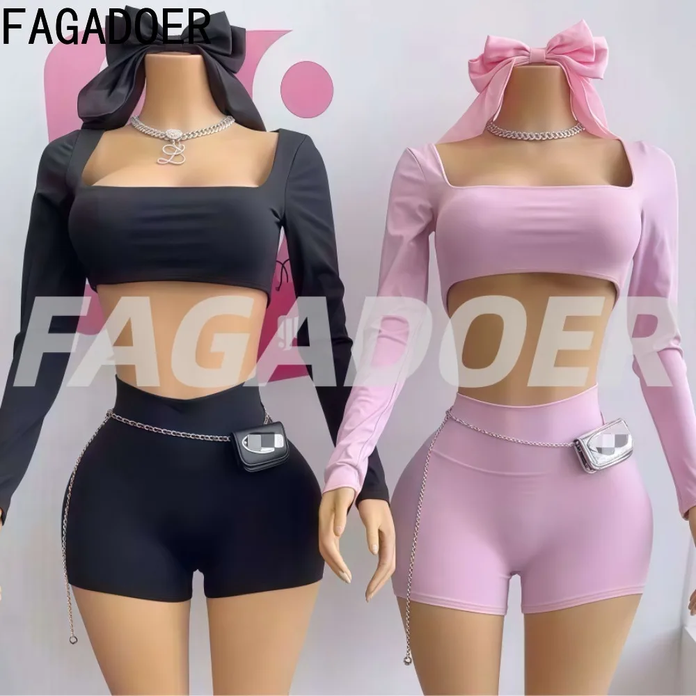 

FAGADOER Fashion Sporty 2 Pieces Set for Woman Outfits Solid U-neck Long Sleeves Crop Top + Shorts Suits Female Streetwear New
