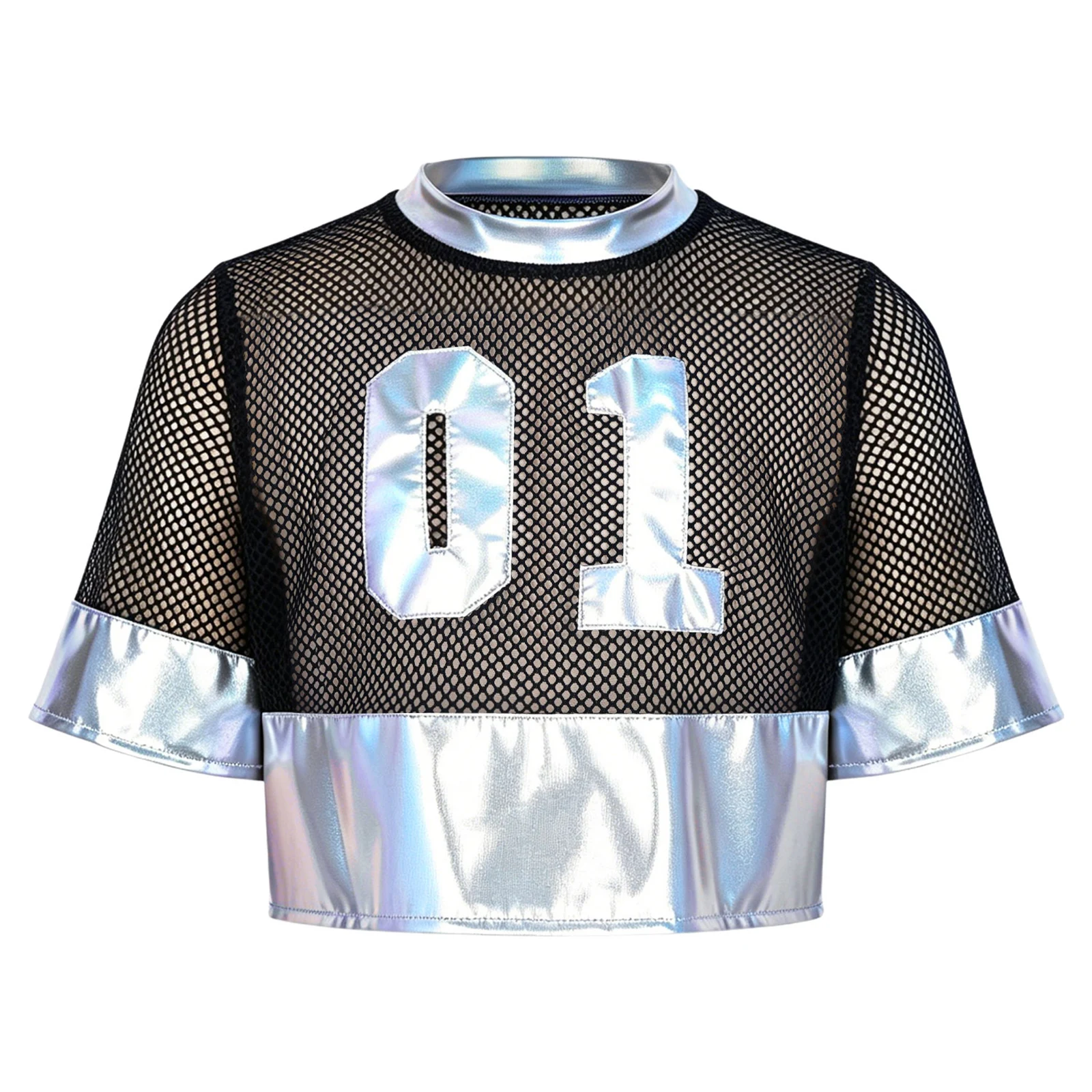 Kids Girls Modern Hip Hop Dance Performance Set Metallic Hollow Out Mesh Patchwork Crop Top Short Sleeve Number Graphic T-shirt