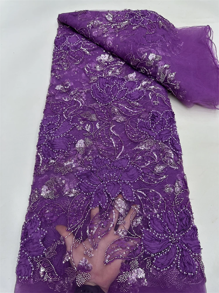 豪華なアフリカビーズネットメッシュレース生地 2025 ビーズ刺繍スパンコールフレンチチュールレースナイジェリアの結婚式のパーティードレス