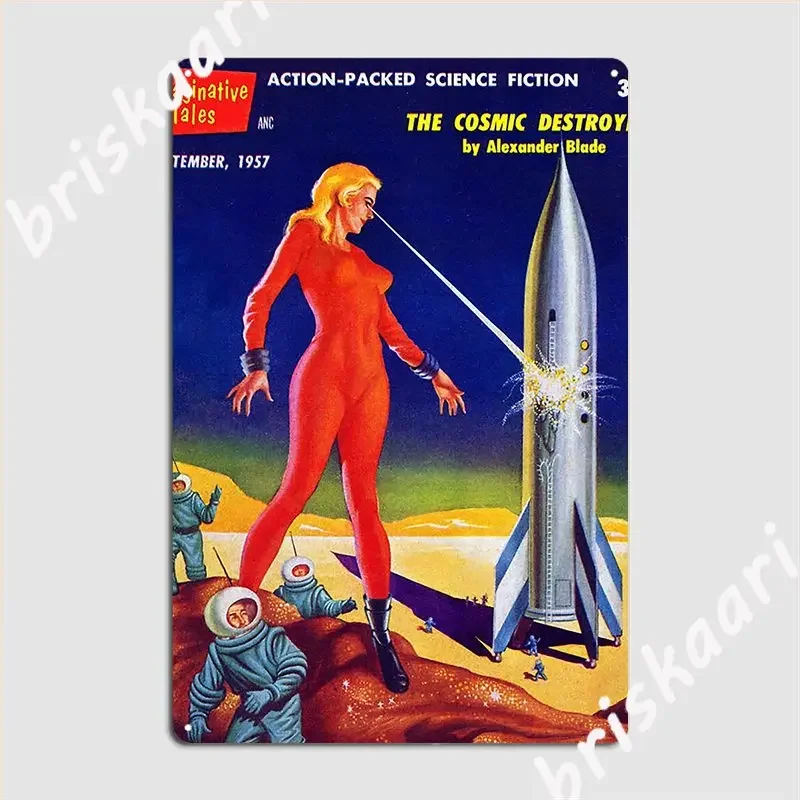 Giant Woman Destroys Rocket W Lasers Metal Sign Design Home Wall Decor Club Tin Sign Poster