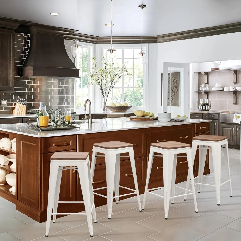

Modern Industrial Metal Barstool Counter Height Stools [Set of 4] Dining Chair (24", White Wooden Seat)