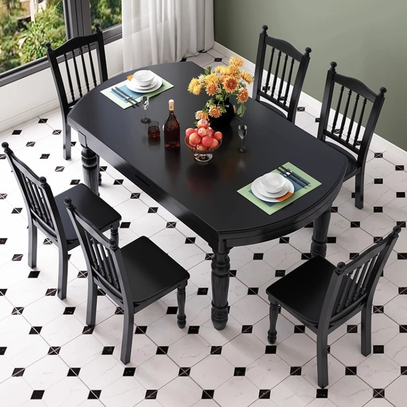 

Vintage American Full Solid Wood Dining Table and Chair Combination Retractable Folding Dining Elegant Black French Rectangle