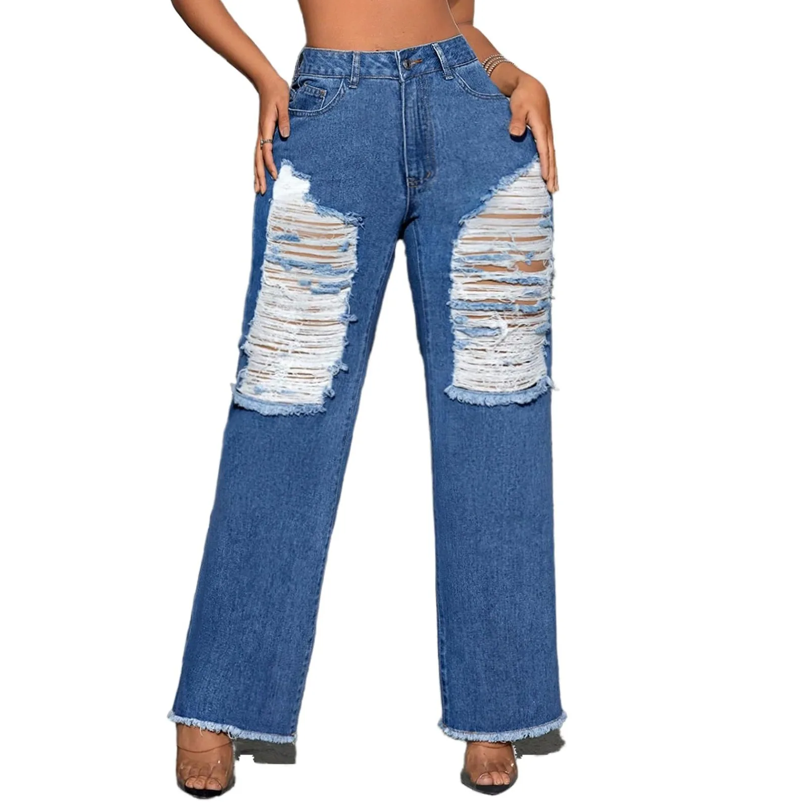 خفيفة الوزن الربيع/الخريف السراويل النساء ممزق الجينز المرأة الجينز مستقيم الساق واسعة العمل السراويل للنساء فضفاض الجينز Y2k Pantalone #5