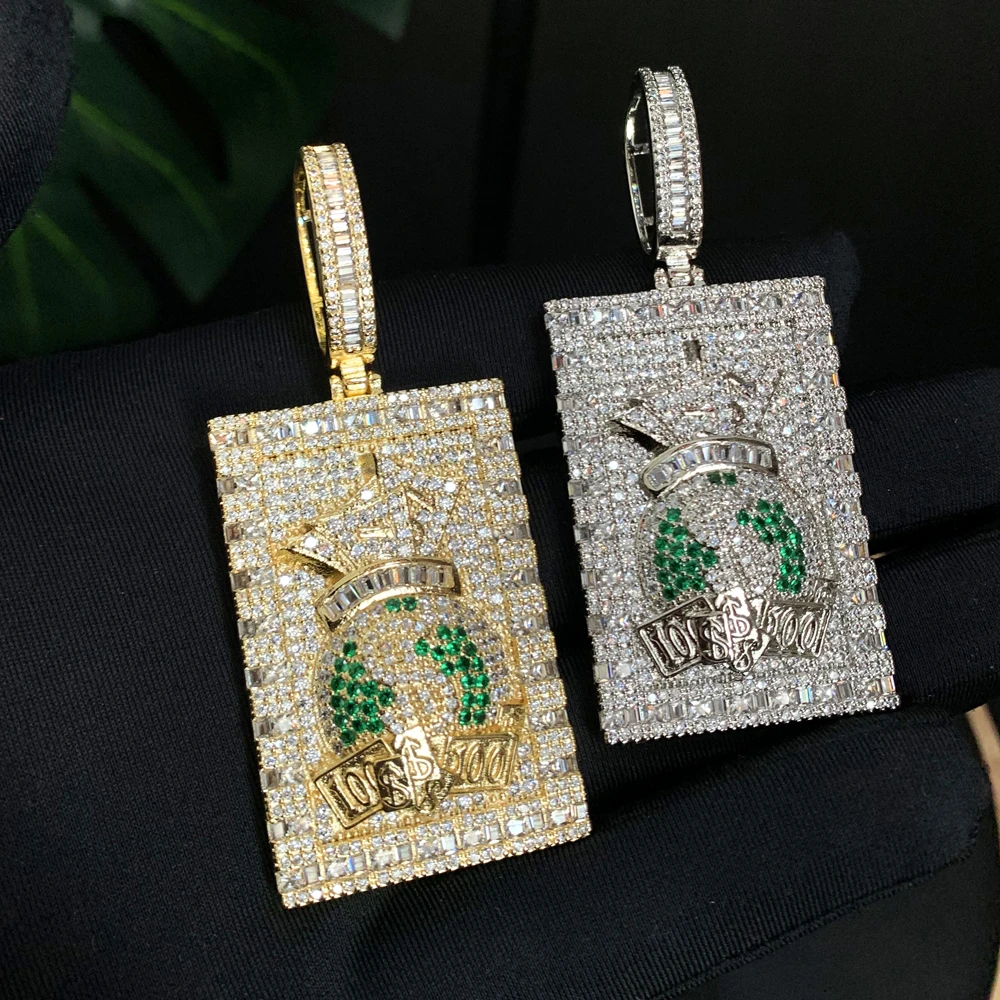 

Iced Out Bling Men Hip Hop Jewelry Gold Color White Green CZ Dollar Money Bag Charm Pendant Necklaces