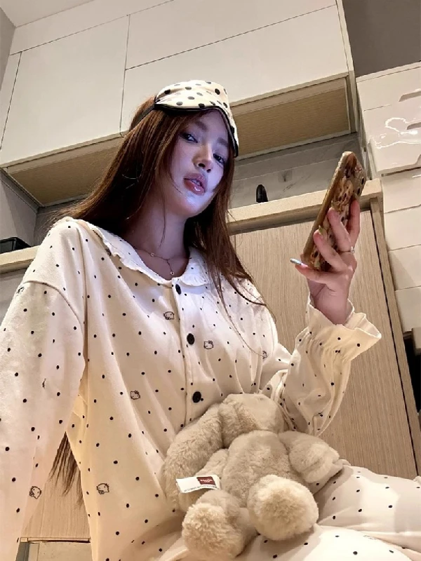 Pijama de pelúcia io com bolinhas de gatinho para mulheres, roupa de casa confortável para outono/inverno, conjunto de dua...