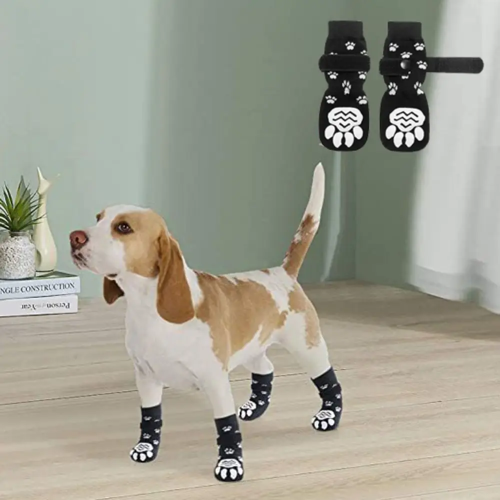 

4pcs/set Breathable Anti-Slip Dog Socks Adjustable Soft Waterproof Dog Non-slip Socks with Paw Pattern Warm Pet Socks Foot Cover