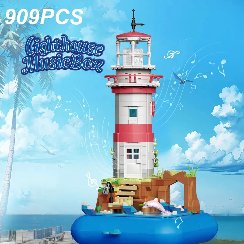 909PCS Lighthouse Music Box Building Blocks Sea Island Street View Model Bricks Desktop Decoration Toys For Kids Holiday Gifts