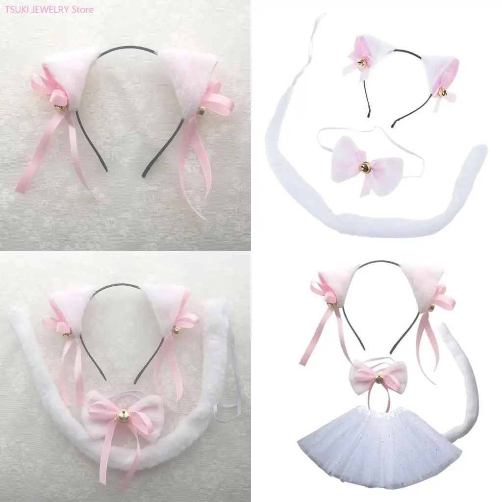 

62KE Roleplay Costume Headbands Accessories Set Plush Ear Headbands Cats Costume Wear