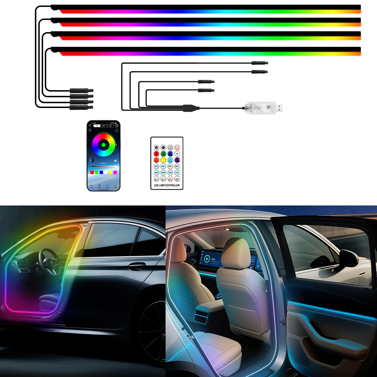4 IN 1 LED apertura portiera auto strisce luminose di benvenuto interfaccia USB Symphony telaio porta interna luce ambientale APP remota Streamer
