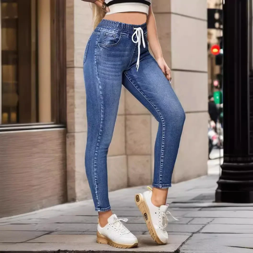 

Vintage High Stretch Jeans Women Pencil Pants Elastic Waist Lace Up Slim Ankle Length Trousers 2025 Female Streetwear Denims