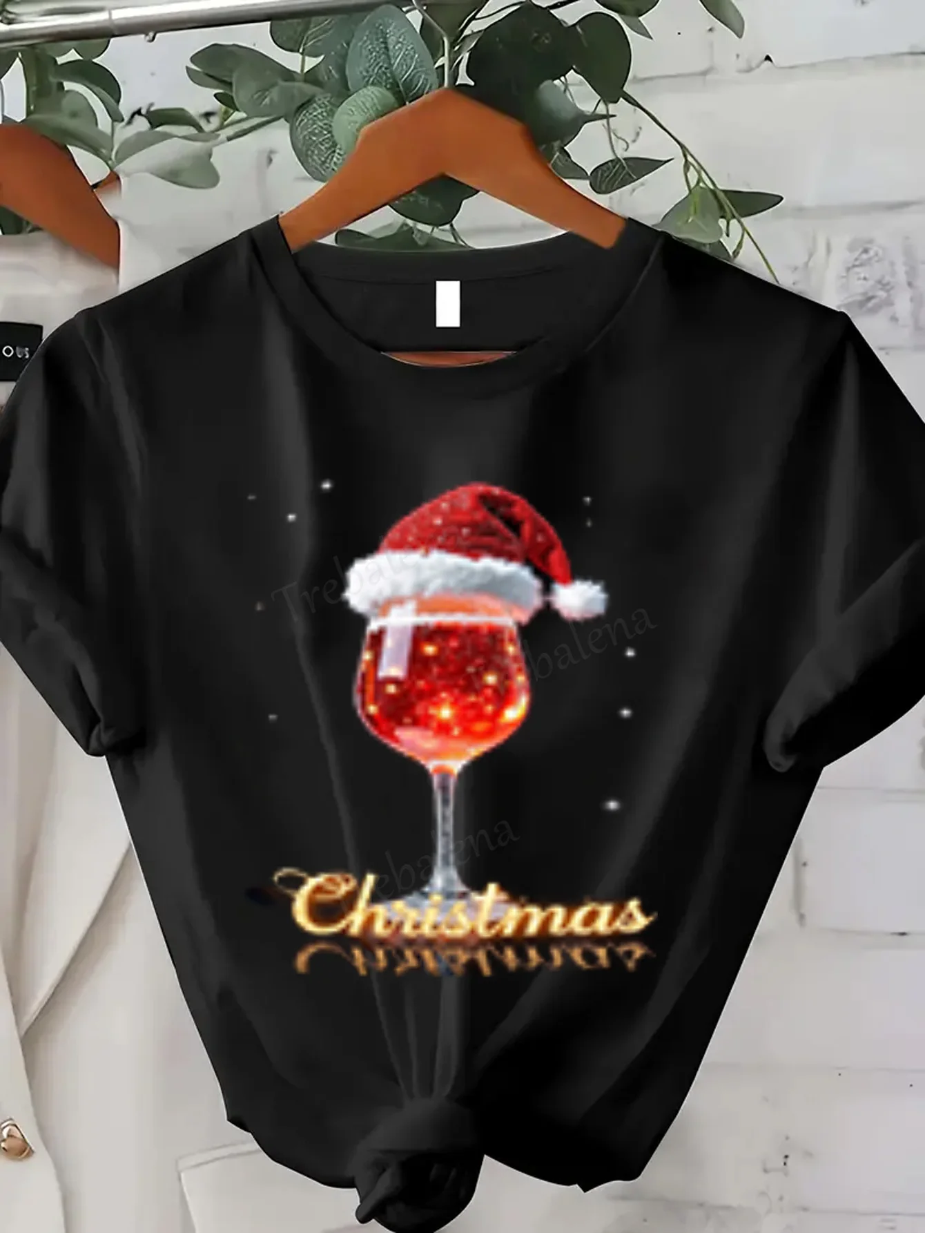 여성 티셔츠 크리스마스 와인 글라스 산타 모자 티셔츠 여성용