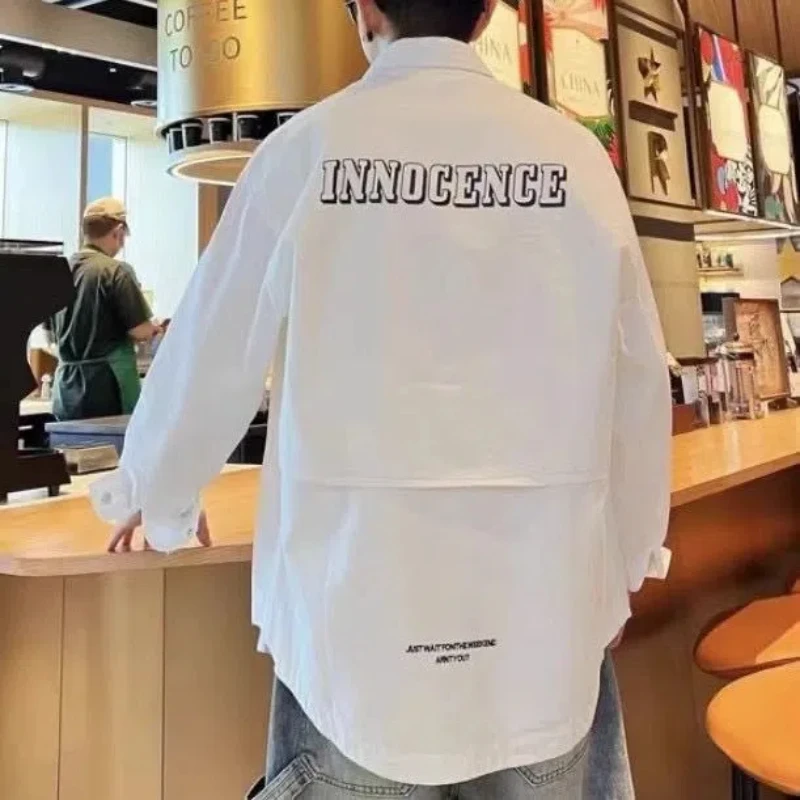 New Autumn and Winter Fashion Trend Versatile Men's 2024 Patchwork Square Collar Button Letter Loose Casual Long Sleeved Shirts